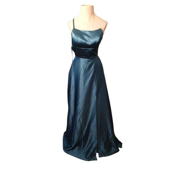 Cicinia Satin Formal Maxi Dress Prom XS Teal Elegant Spaghetti Strap NEED REPAIR - Picture 5 of 16